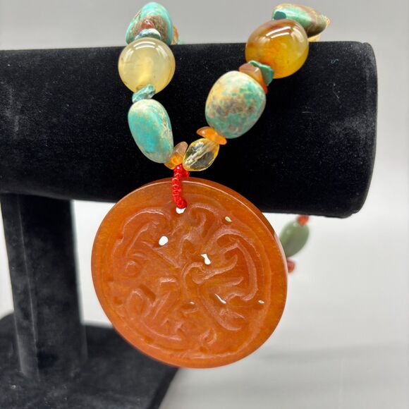 Turquoise Carnelian Agate Necklace Genuine Stone Beads Carved Pendant Statement - Picture 2 of 13
